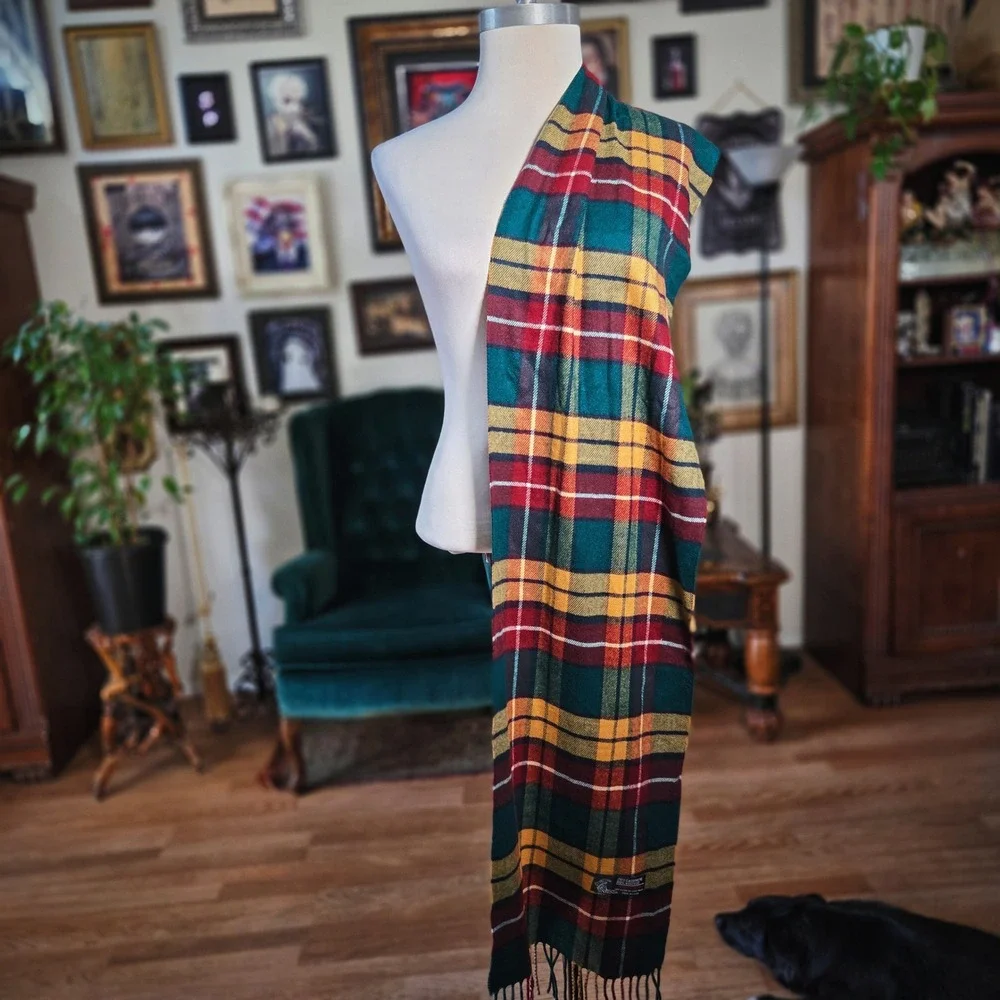 Tartan Scarf Plaid Cashmere Blend Italy Design Red Green Yellow Fringe Winter